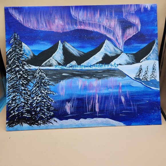 original painting Aurora Borealis over mountain lake 16 x 20 signed by Artist - Picture 1 of 1